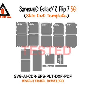 Könnte beinhalten: Eine digitale Vorlage für eine Samsung Galaxy Z Flip 7 5G Handy-Skin, mit verschiedenen grauen Schnittmustern. Das Bild enthält den Text "Samsung Galaxy Z Flip 7 5G (Skin Cut Template)" und "ULTRA CUT FILE". Die Dateiformate sind SVG-AI-CDR-EPS-PLT-DXF-PDF.