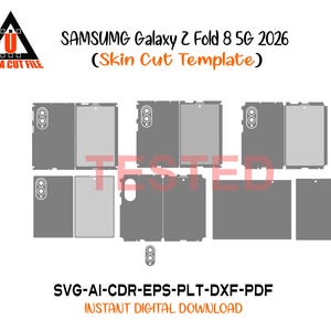 May include: A digital skin cut template for the Samsung Galaxy Z Fold 8 5G 2026, featuring various gray-toned layout shapes for device coverage. The image includes the text ULTRA CUT FILE, SAMSUNG Galaxy Z Fold 8 5G 2026, TESTED, and file formats.