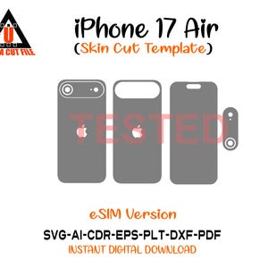 Puede incluir: Un diseño digital para una plantilla de corte de piel de iPhone 17 Air. La imagen muestra contornos grises de la parte delantera, trasera y lateral del teléfono, con el logotipo de Apple. El texto incluye "iPhone 17 Air" e información del tipo de archivo.