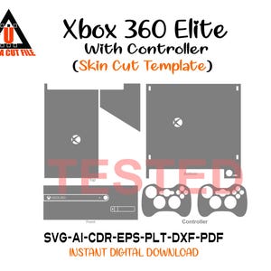 May include: A gray skin cut template for an Xbox 360 Elite console and controller. The design includes outlines for the console's top, front, and bottom, along with two controller templates. Text includes "Xbox 360 Elite" and "Instant Digital Download."