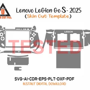 May include: A digital template for a Lenovo Legion Go S - 2025 skin cut, featuring a detailed outline of the device and its components. The design includes the text "Lenovo Legion Go S - 2025" and "(Skin Cut Template)". The image also includes the text "ULTRA CUT FILE".