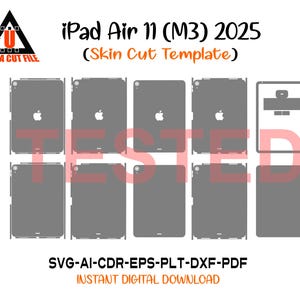 Puede incluir: Un gráfico digital con múltiples plantillas de corte de piel para iPad Air 11 (M3) 2025 en gris. La imagen incluye el logotipo de Apple y el texto "iPad Air 11 (M3) 2025 (Skin Cut Template)" y "ULTRA CUT FILE". Los formatos de archivo son SVG-AI-CDR-EPS-PLT-DXF-PDF.
