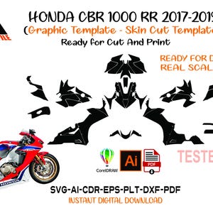 May include: A digital graphic template for a Honda CBR 1000 RR 2017-2019 motorcycle skin cut. The image displays black vector outlines of fairing panels, a red, white, and blue motorcycle, and logos for CorelDRAW, Adobe Illustrator, and PDF file formats.