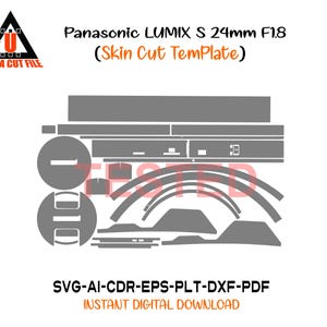 Peut inclure: Un modèle numérique gris pour un appareil photo Panasonic LUMIX S 24mm F1.8, avec diverses lignes et formes de découpe. Le design comprend le texte "Panasonic LUMIX S 24mm F1.8 (Skin Cut Template)" et "ULTRA CUT FILE".