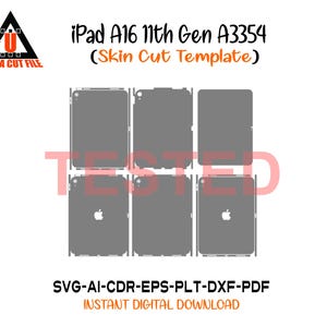 May include: A digital template for iPad A16 11th Gen A3354 skin cuts. The image shows a layout of gray skin cut templates for the iPad, with the Apple logo visible on some. Text includes "ULTRA CUT FILE" and "INSTANT DIGITAL DOWNLOAD".