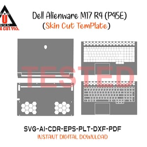 Könnte beinhalten: Eine digitale Vorlage für eine Dell Alienware M17 R4 (P45E) Laptop-Skin, mit Schnittlinien für präzises Aufbringen. Das Design umfasst obere, untere und Tastatur-Layouts. Der Text "ULTRA CUT FILE" und "INSTANT DIGITAL DOWNLOAD" ist ebenfalls enthalten.