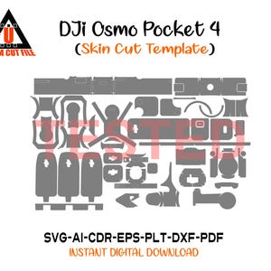 Peut inclure: Un modèle de découpe numérique gris pour DJI Osmo Pocket 4, présentant diverses formes géométriques et découpes. Le texte indique : ULTRA CUT FILE, DJI Osmo Pocket 4, Skin Cut Template, TESTED, et SVG-AI-CDR-EPS-PLT-DXF-PDF.