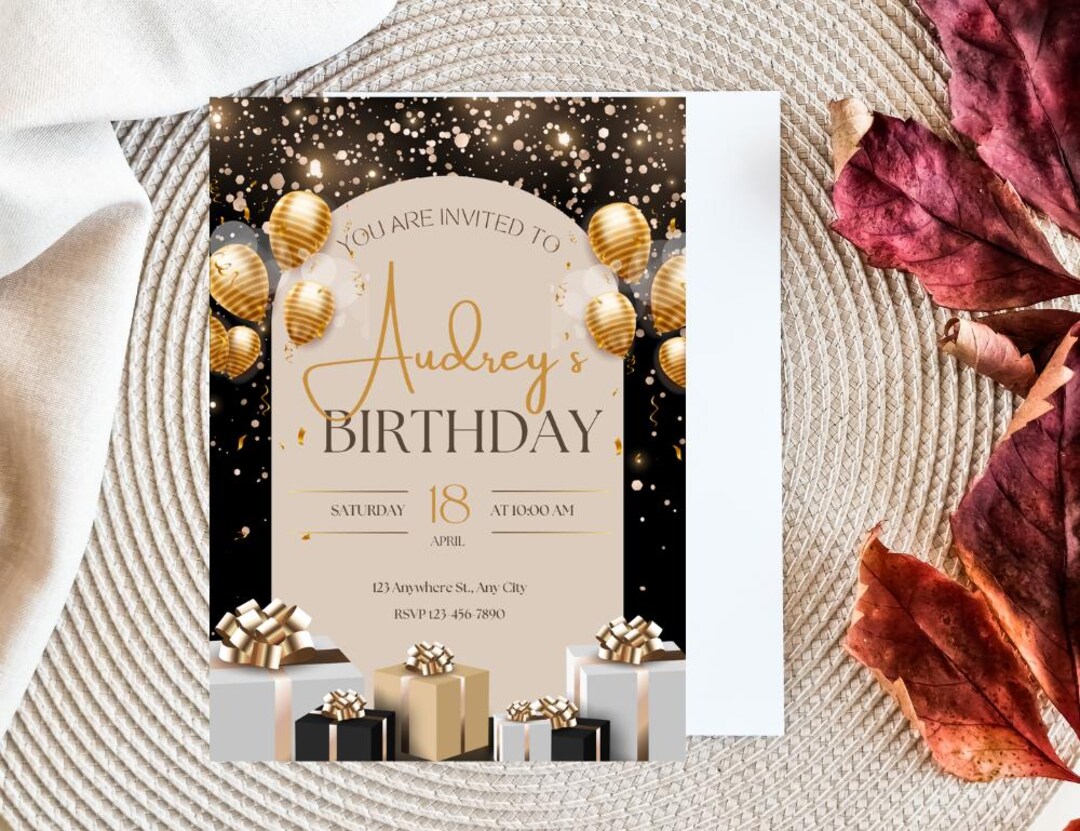 Black and Gold Birthday Invitation | Luxury Happy Birthday Invite ...