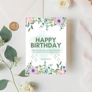 Cartão de aniversário em aquarela verde e branco | Cartão de feliz aniversário simples | Cartão de felicitações elegante para impressão | Cartão de aniversário floral minimalista