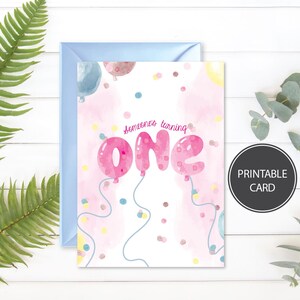 Premier anniversaire | Un tour | Carte numérique | Carte d'anniversaire imprimable | joyeux anniversaire | Carte de ballons | Typographie | Carte jalon