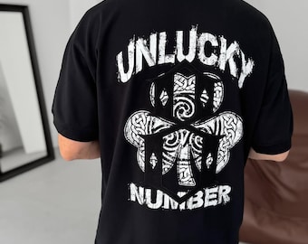 Unlucky Number Graphic T-Shirt – Oversized Black Tee, Unisex Streetwear Style