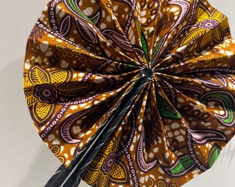 Éventail africain wax marron doré pliable | éventail chic été cadeau femme
