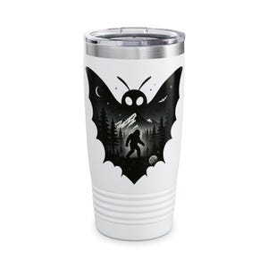 Tumbler Mug, Mothman and Bigfoot Silhouette, Cryptid Lover Gift, Paranormal Enthusiast Cup, Forest Theme Travel Cup, 20oz Ringneck Tumbler