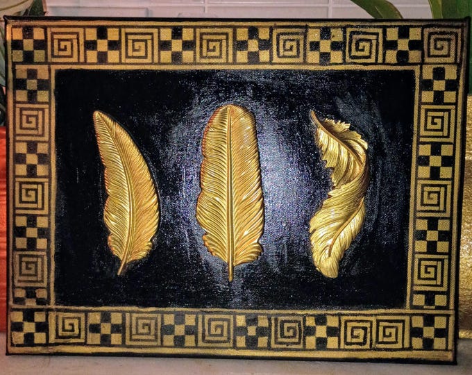 Featured listing image: The Elegant Gold Feathers Canvas with Geometric Design