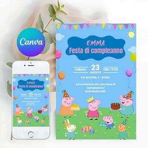 PEPPA PIG Geburtstagseinladung Personalisierbar - Bearbeitbare digitale Karte auf CANVA - Cartoon-Themen-Mädchenparty