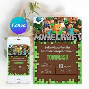MINECRAFT Verjaardagsuitnodiging Aanpasbaar - Bewerkbare digitale kaart op CANVA - Videogame-themafeest voor kinderen