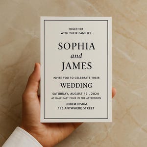 Plantilla clásica de invitación de boda - Elegante diseño en blanco y negro editable en Canva - Diseño moderno y atemporal (5x7)