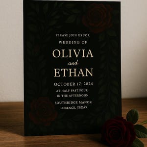 Dunkel romantische Hochzeitseinladungsvorlage - Schwarze & Rote Rose Design - Eleganter gotischer Stil - 5x7 "bearbeitbar Digitaler Download