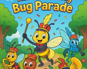 May include: A colorful illustration titled "The Marching Bug Parade" depicts various cartoon bugs in a marching band. A yellow bee leads the parade, holding a baton. Other bugs play instruments like a saxophone, drum, trumpet, and flute. The background includes trees, flowers, and confetti.