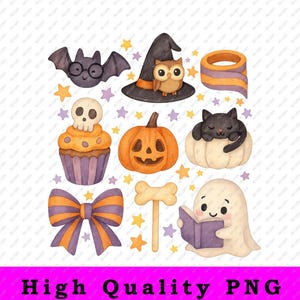 Cute Halloween PNG Clipart Bundle – Watercolor Bat Ghost Cat Pumpkin Digital Download for Stickers, Sublimation, Cricut Design