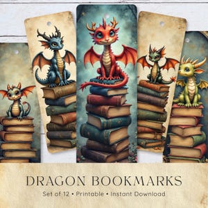 May include: A set of twelve vertical bookmarks featuring illustrations of small dragons perched on stacks of books. Each bookmark displays a unique dragon in colors including blue, red, green, and yellow, with a hole at the top for a ribbon.