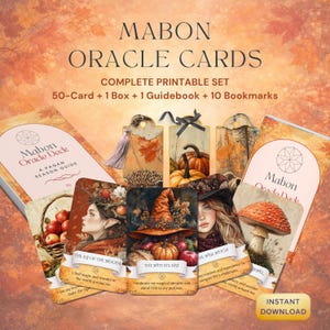 Puede incluir: Un set imprimible de cartas del Oráculo de Mabon con 50 cartas, una caja, una guía y 10 marcapáginas. Las cartas muestran ilustraciones de una persona con corona, un sombrero de bruja con calabazas y una seta. Texto: Mabon Oracle Cards.