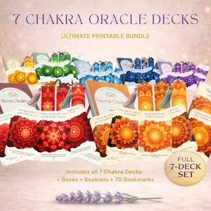 7 Chakra Komplett Orakelsamling Utskrivbar, Fullständig Energi Healing Ritualsystem med Kort Guideböcker Lådor Bokmärken Paket