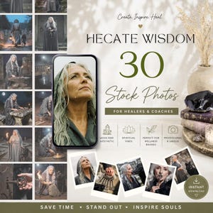 Könnte beinhalten: Eine digitale Sammlung von 30 Stockfotos mit dem Titel Hecate Wisdom, die eine Person mit langem grauem Haar in verschiedenen Außen- und mystischen Umgebungen zeigt. Das Bild enthält ein Smartphone mit Porträt, Symbolen und Text.
