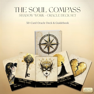 Może przedstawiać: Zestaw kart wyroczni The Soul Compass Shadow Work zawiera przewodnik i 50 kart. Karty przedstawiają złote i czarne ilustracje klucza, maski, postaci i pękniętego serca, z tytułami takimi jak Hidden Truth, The Mask oraz The Shadow Self.