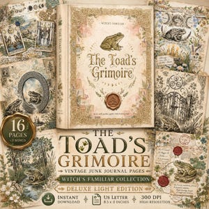 May include: A collection of digital junk journal pages titled The Toad's Grimoire, featuring vintage-style illustrations of toads, botanical elements, moon phases, and wax seals. The set includes 16 pages plus bonus content in 21.59 x 27.94 cm.