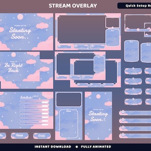Może przedstawiać: Cyfrowy zestaw nakładek na stream z marzycielską estetyką. Projekt charakteryzuje się miękką paletą kolorów niebieskiego i różowego z motywami chmur i gwiazd. Zawiera ekrany dla "Starting Soon", "Be Right Back" i harmonogramu, a także okna czatu.