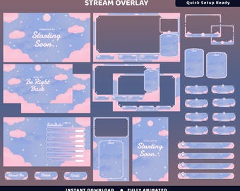 Muffy Sky Twitch-overlaypakket, dromerige kawaii, pastelroze en blauw wolkenthema, compatibel met OBS Streamlabs, moderne lay-out, streamingontwerp