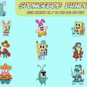 May include: A collection of cartoon character illustrations from the SpongeBob SquarePants series. The characters are depicted in various costumes and poses, including bunny ears and a ninja outfit. The text "SPONGEBOB BUNDLE" is displayed at the top.