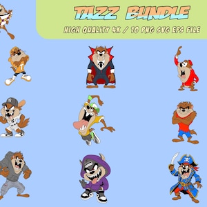 Op de afbeelding: Een verzameling cartoonafbeeldingen van de Tasmanian Devil, in verschillende outfits en poses, tegen een lichtblauwe achtergrond. De tekst "TAZZ BUNDLE" staat bovenaan, met daaronder "HIGH QUALITY 4K / 10 PNG SVG EPS FILE".