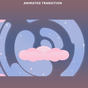 Może przedstawiać: Animowana grafika z tekstem "ANIMATED TRANSITION" u góry. Projekt przedstawia różową chmurę, wschodzące słońce oraz wirujące niebiesko-fioletowe tło z gwiazdami.
