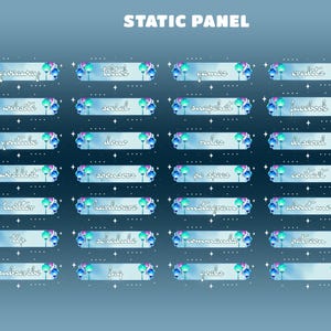 Könnte beinhalten: Eine Sammlung von achtundzwanzig rechteckigen digitalen Panels, angeordnet in sieben Reihen und vier Spalten, mit einem hellblauen Farbverlauf, weißen Sternakzenten und blauen sowie violetten Ballonillustrationen an den Seiten.