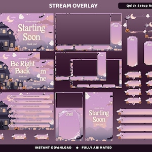 Op de afbeelding: Een digitale stream overlay set met een paars en lavendelkleurig spookhuis thema met geesten, vleermuizen, pompoenen en manen. Bevat schermen met Starting Soon, Be Right Back, chatboxen, schema-balken en diverse decoratieve UI-elementen.