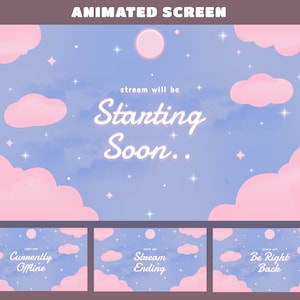 May include: Animated screen with a pastel sky background, featuring pink clouds, stars, and a full moon. The text "Starting Soon" is displayed in a glowing font. Additional screens say "Currently Offline", "Stream Ending", and "Be Right Back".