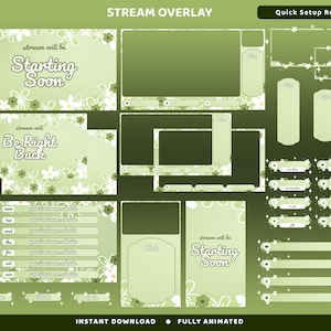 May include: A green stream overlay set with floral accents and the text "Starting Soon" and "Be Right Back." Includes chat boxes, schedule templates, and social media buttons. The design is ready for quick setup.