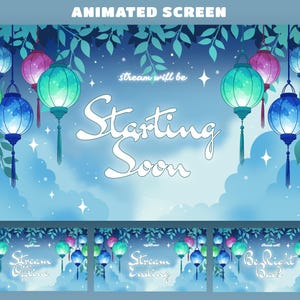 Könnte beinhalten: Eine digitale Grafik mit einem blauen Himmelshintergrund und hängenden Papierlaternen in Grün-, Blau- und Violetttönen. Der Text lautet "Starting Soon", "Stream Offline", "Stream Ending" und "Be Right Back" in einer weißen Schreibschrift.
