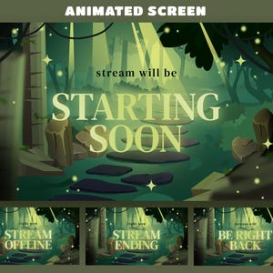Peut inclure: Un écran animé numérique représentant une forêt sombre avec des lucioles, des chemins de pierre et des rayons lumineux. Le texte affiche "stream will be STARTING SOON", "STREAM OFFLINE", "STREAM ENDING" et "BE RIGHT BACK" en police serif.