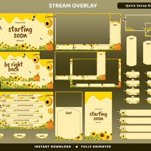 Puede incluir: Un conjunto de superposiciones de transmisión digital con temática de girasoles y abejas en tonos amarillos y marrones. Incluye pantallas con texto como starting soon, be right back, cuadros de chat, paneles de información y elementos de interfaz.
