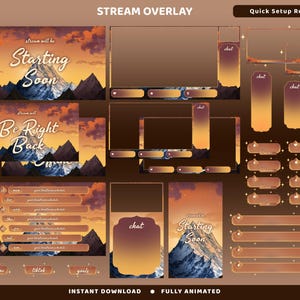 May include: A digital stream overlay set featuring a mountain landscape at sunset with orange and purple clouds. Includes screens labelled Starting Soon and Be Right Back, chat boxes, schedule panels, and various buttons with icons for social media.