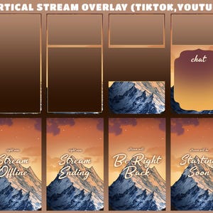 Op de afbeelding: Een digitale verticale stream-overlay-set voor TikTok en YouTube met een berglandschapsthema. De afbeeldingen bevatten diverse kaders, een chatvenster en statusschermen met de tekst: Stream Offline, Stream Ending, Be Right Back, Starting Soon.