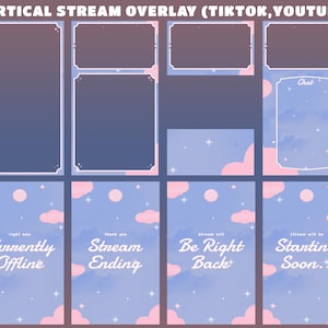 May include: A set of vertical stream overlays for TikTok and YouTube, featuring a pastel sky theme. The designs include frames, chat boxes, and status screens with text like "Currently Offline" and "Starting Soon."