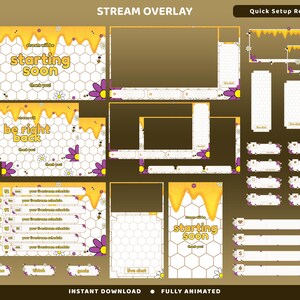 Puede incluir: Un conjunto de superposiciones para streaming digital con diseño de miel, miel amarilla goteando, patrones de panal blancos, flores moradas y blancas y pequeñas abejas. Incluye pantallas con texto como starting soon.