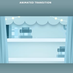 以下が含まれることがあります： 上部に「ANIMATED TRANSITION」というテキストが表示されたデジタルグラフィック。カーテンで縁取られた2つの水色の棚が描かれており、スカラップ状の縁とストリングライトで装飾され、棚には青い本が積み重ねられています。