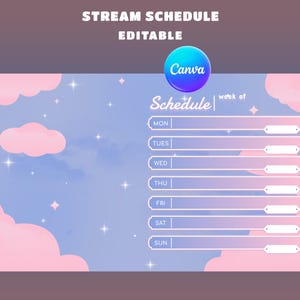 Muffy Sky ストリームスケジュールオーバーレイ、ゲーム設定、Twitch グラフィック、かわいいクラウドストリーミングプランナー、編集可能な Canva、ライブストリーム、週間スケジュール