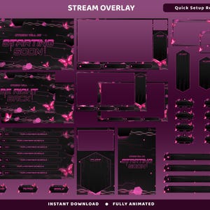 May include: A digital stream overlay set featuring a black and dark purple color scheme with pink butterfly accents, circuit board patterns, and chains. Includes screens for starting soon, be right back, schedule, chat boxes, and various UI panels.