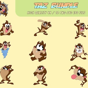 May include: A collection of cartoon images of the Tasmanian Devil, also known as Taz, in various poses. The images are brown with white teeth and a pink tongue. The text "TAZ BUNDLE" is at the top, along with "HIGH QUALITY 4K / 10 PNG SVG EPS FILE".